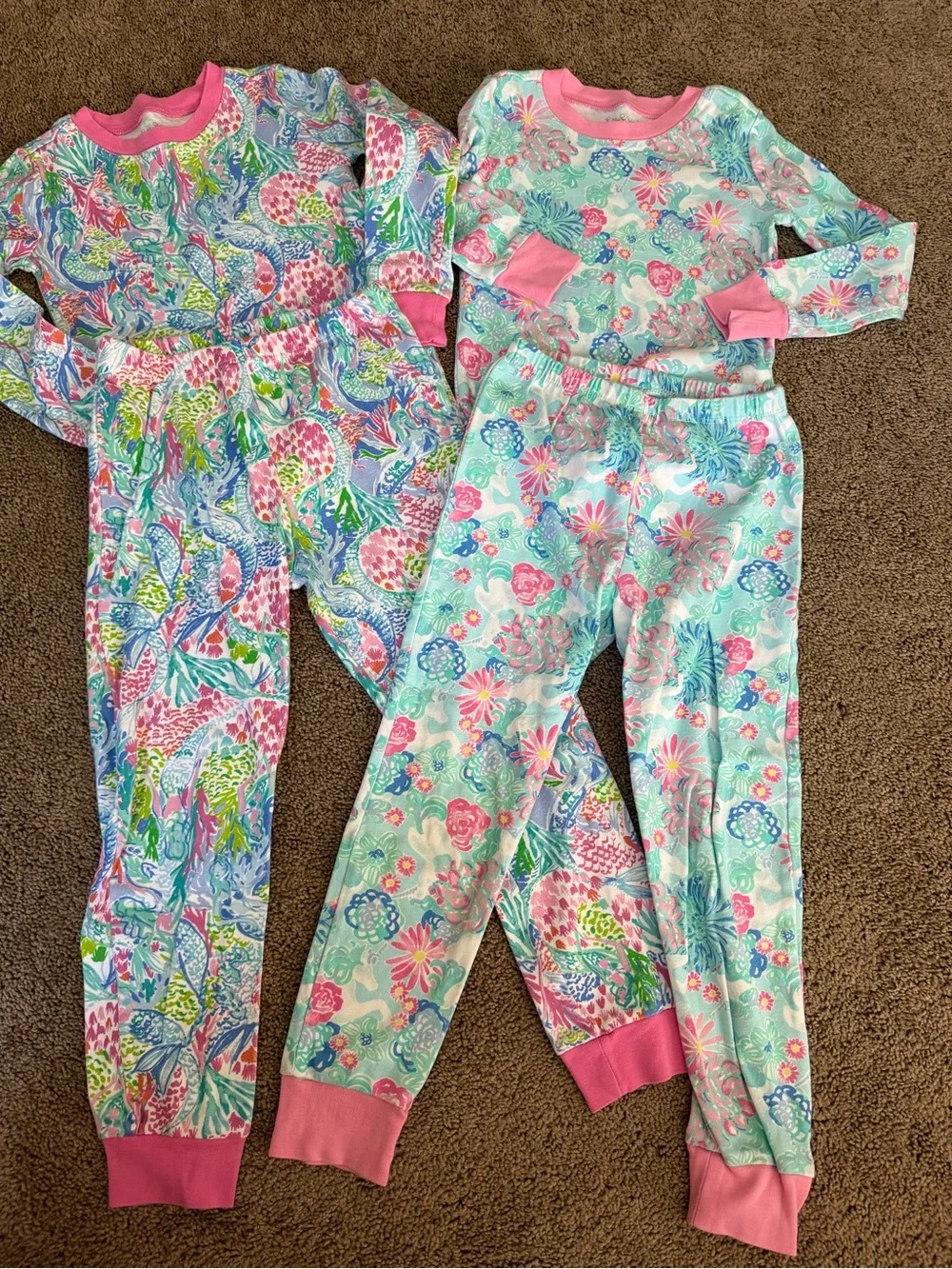 Lilly Pulitzer Girls' Multicolor Floral & Sea Life Pajama Set with Pink Trim